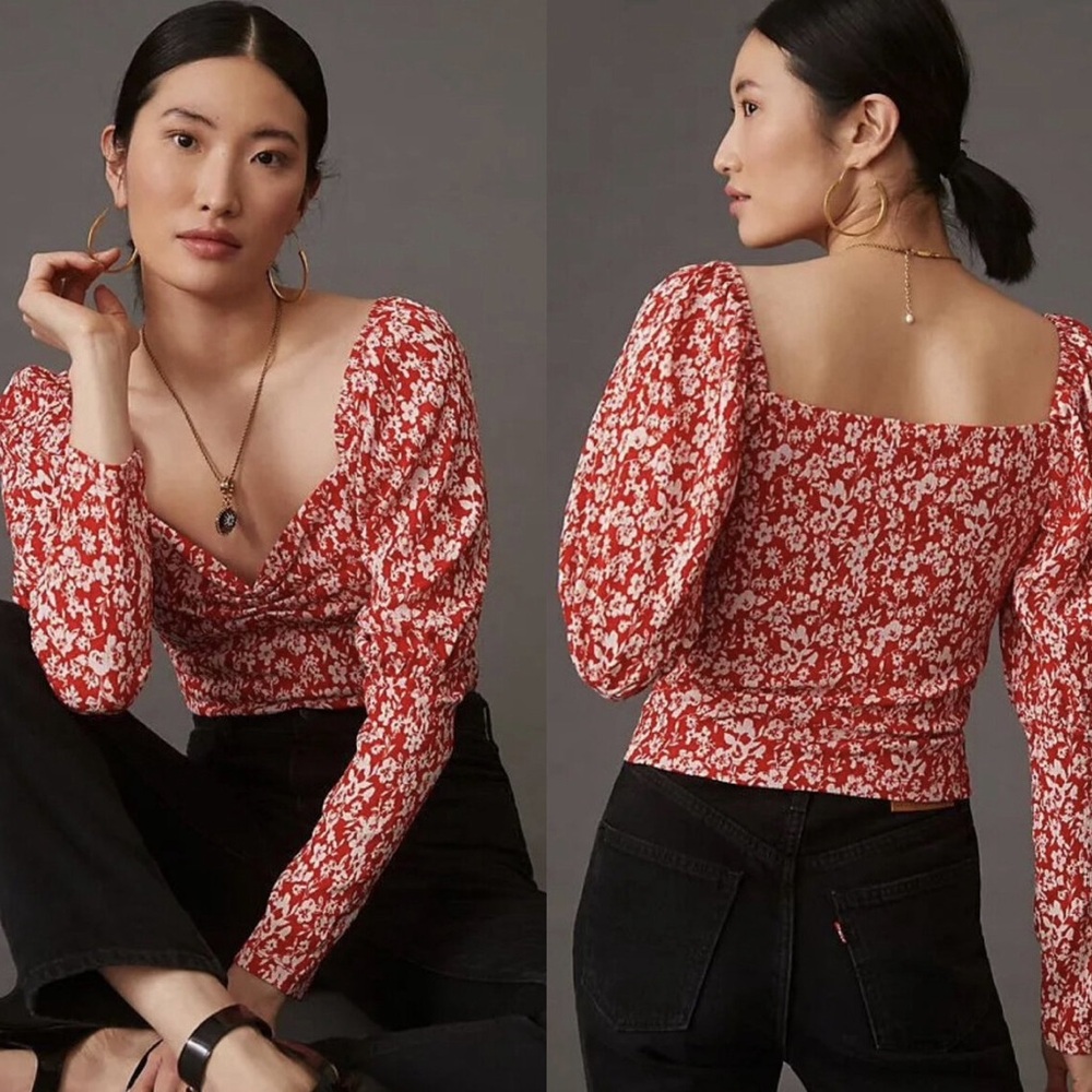 Anthropologie Sweetheart Top Large Floral Red Motif NWT Large Puff Sleeve